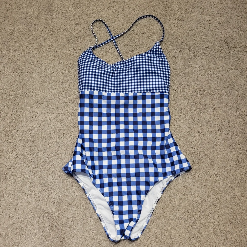 Lands' End Lace Up Blue Gingham Swimsuit One-Piece Sunrise Collection